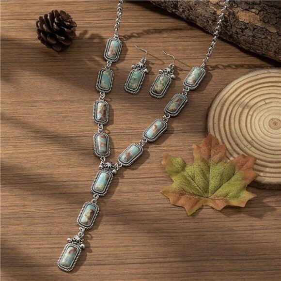 Turquoise Jewelry Set Necklace Earrings Bracelet Ring Boho Western Cowgirl Gift - Picture 6 of 8